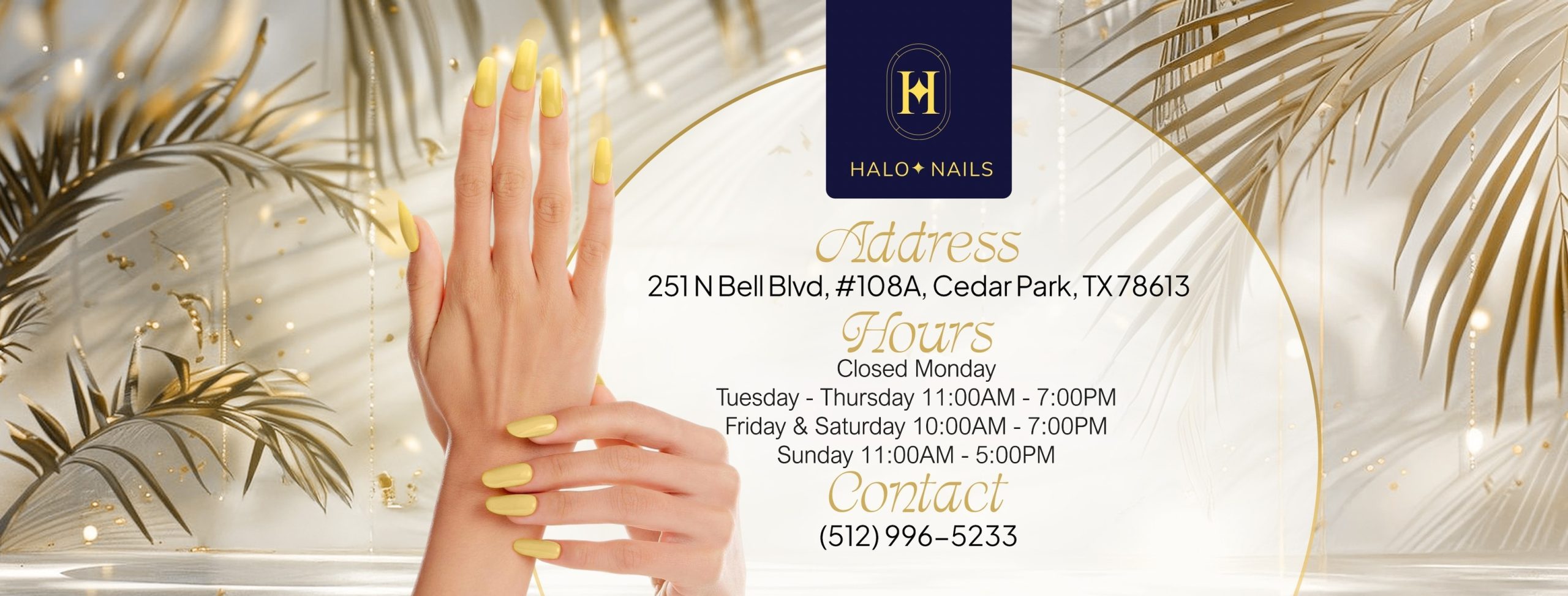 Halo Nails banner with address, hours, and contact details
