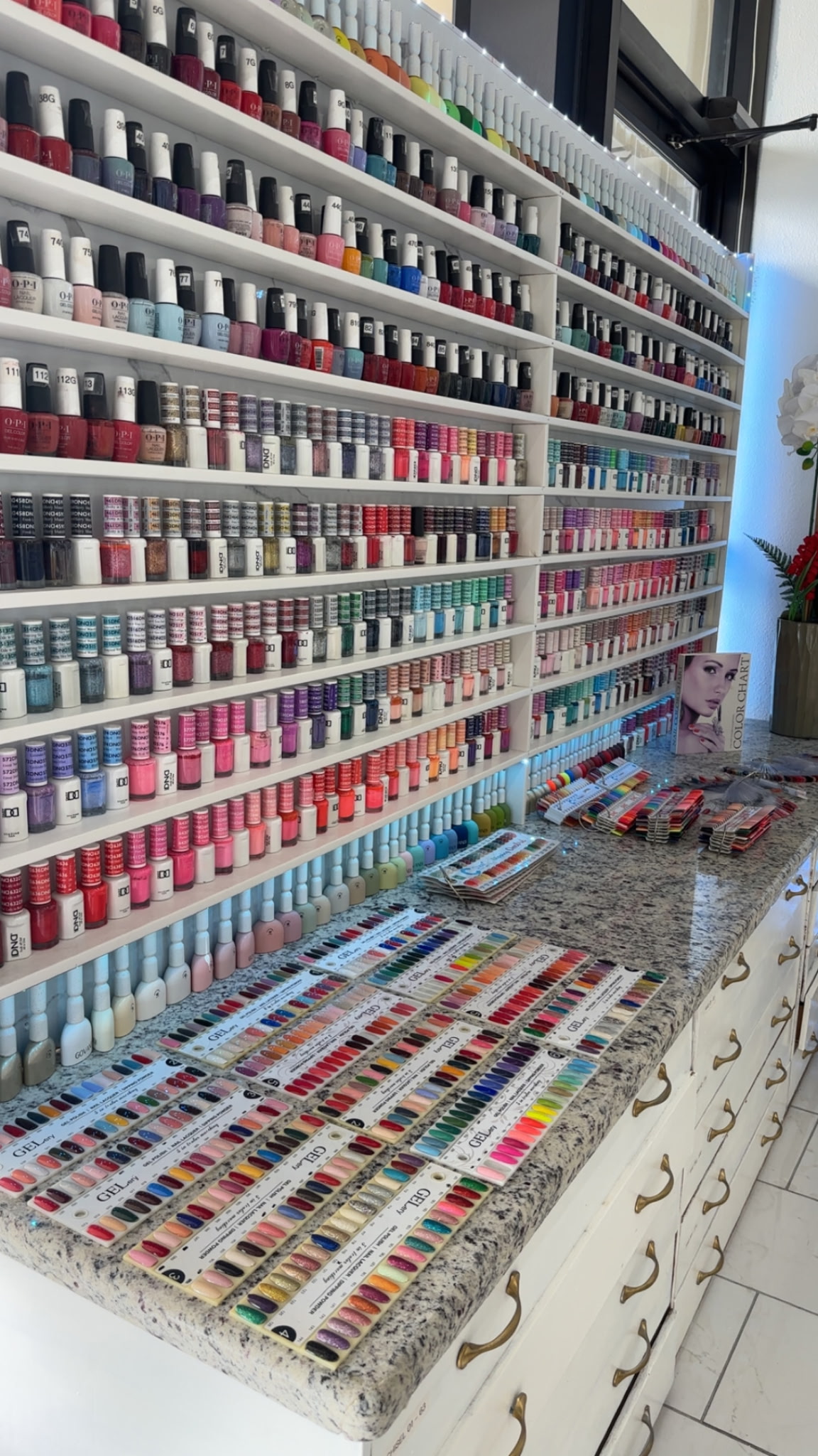 Wall of nail polish colors at Halo Nails